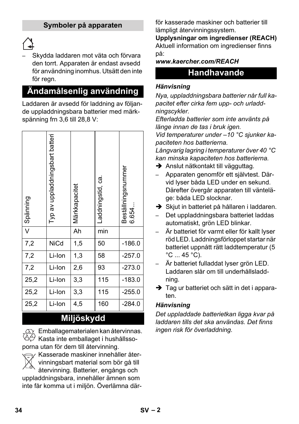 Ändamålsenlig användning, Miljöskydd handhavande | Karcher KM 35-5 C User Manual | Page 34 / 84
