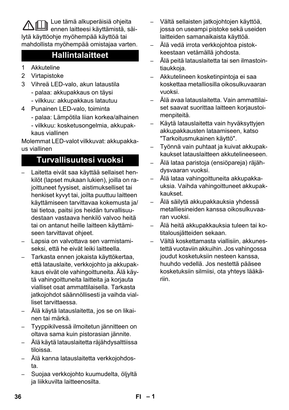 Suomi, Hallintalaitteet turvallisuutesi vuoksi | Karcher KM 35-5 C User Manual | Page 36 / 84