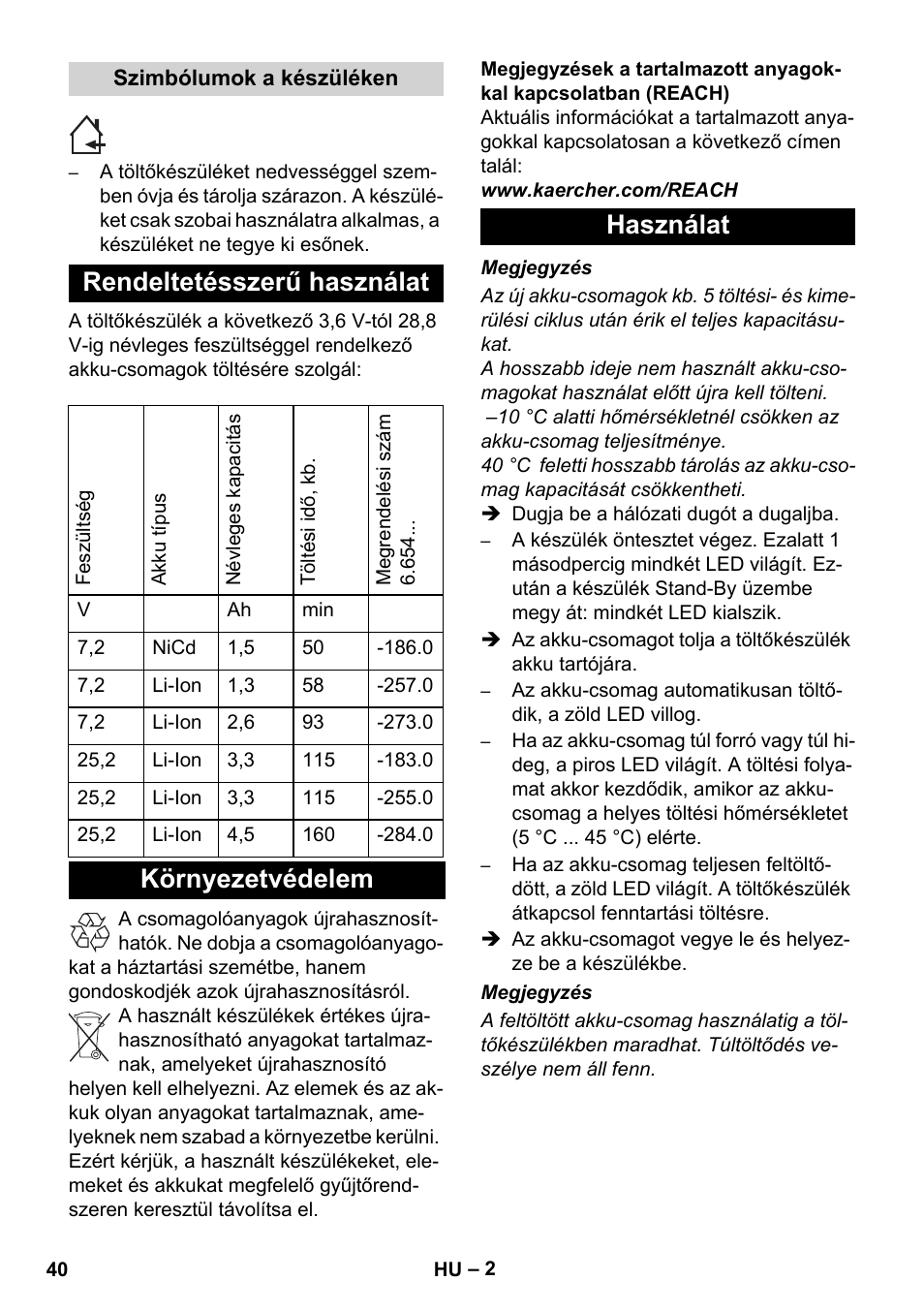 Rendeltetésszerű használat, Környezetvédelem használat | Karcher KM 35-5 C User Manual | Page 40 / 84