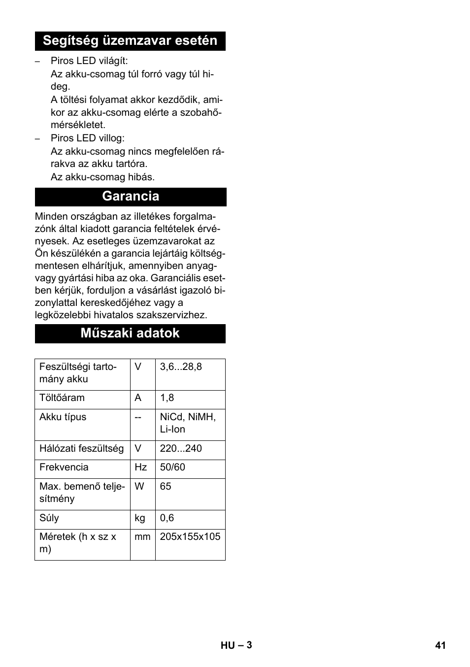 Segítség üzemzavar esetén garancia műszaki adatok | Karcher KM 35-5 C User Manual | Page 41 / 84