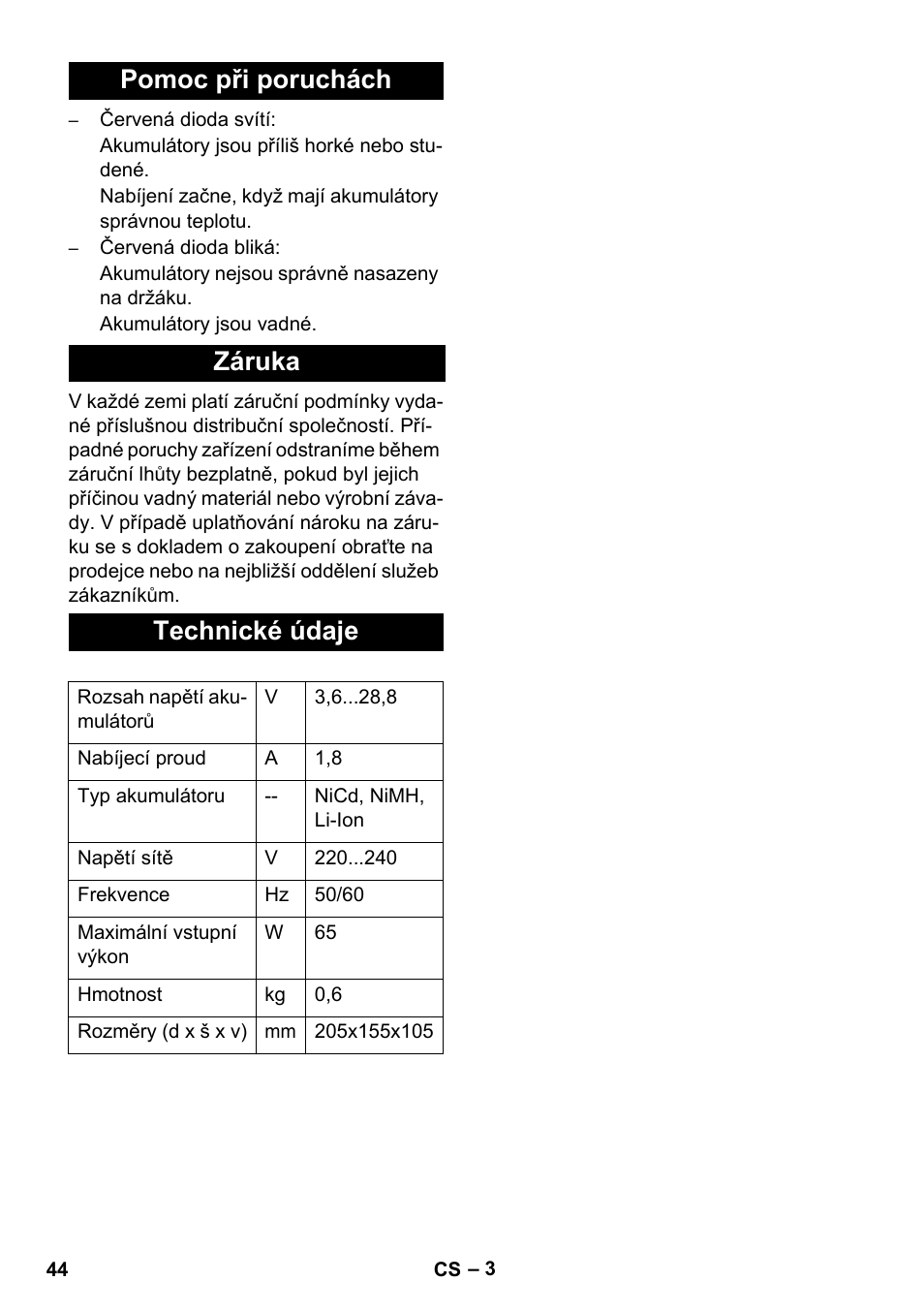 Pomoc při poruchách záruka technické údaje | Karcher KM 35-5 C User Manual | Page 44 / 84