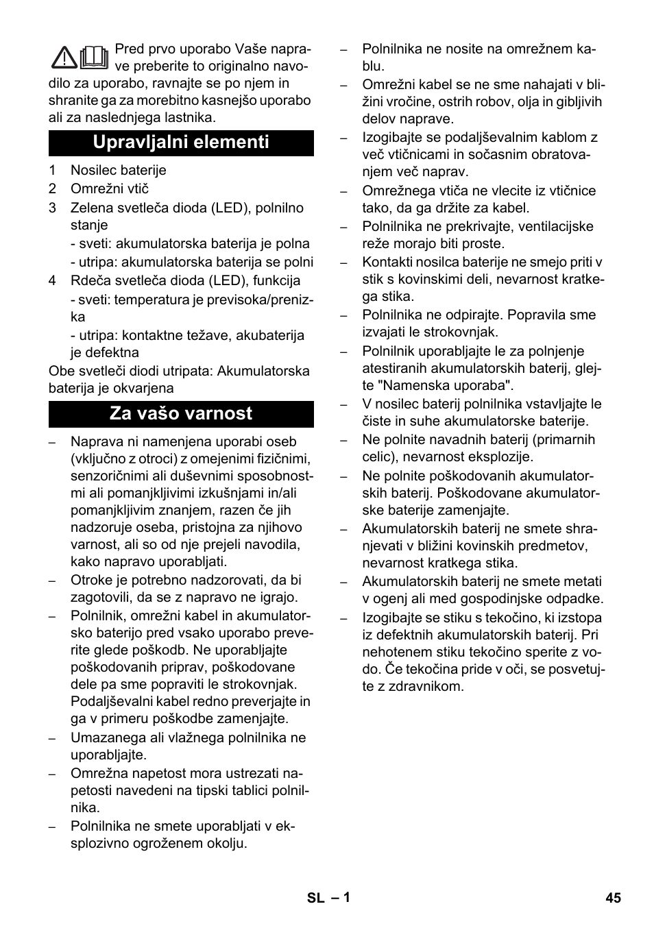 Slovenščina, Upravljalni elementi za vašo varnost | Karcher KM 35-5 C User Manual | Page 45 / 84