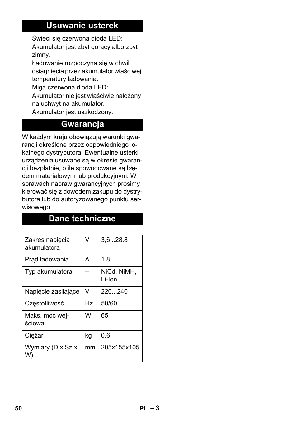Usuwanie usterek gwarancja dane techniczne | Karcher KM 35-5 C User Manual | Page 50 / 84