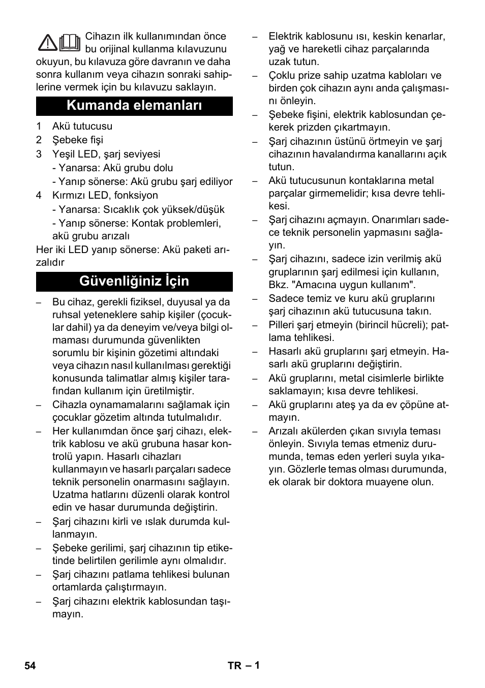 Türkçe, Kumanda elemanları güvenliğiniz için | Karcher KM 35-5 C User Manual | Page 54 / 84