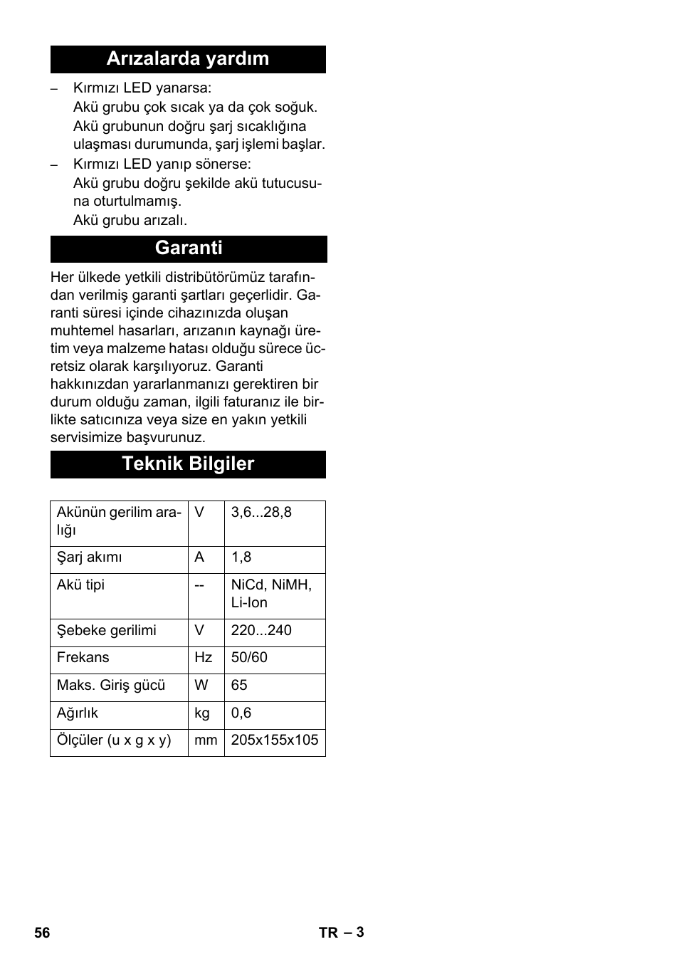 Arızalarda yardım garanti teknik bilgiler | Karcher KM 35-5 C User Manual | Page 56 / 84