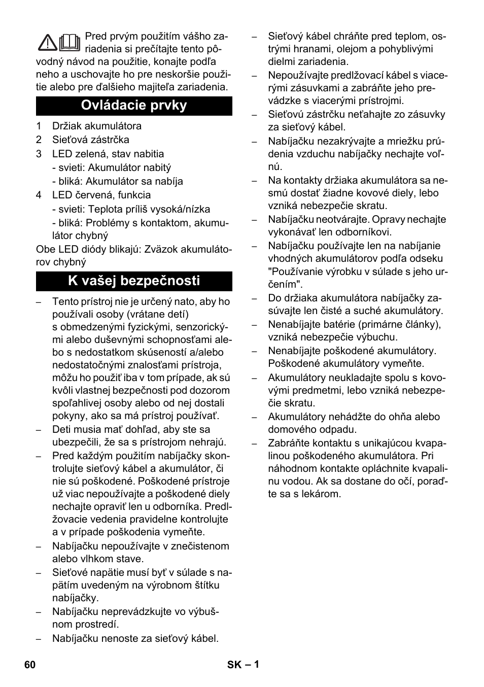 Slovenčina, Ovládacie prvky k vašej bezpečnosti | Karcher KM 35-5 C User Manual | Page 60 / 84