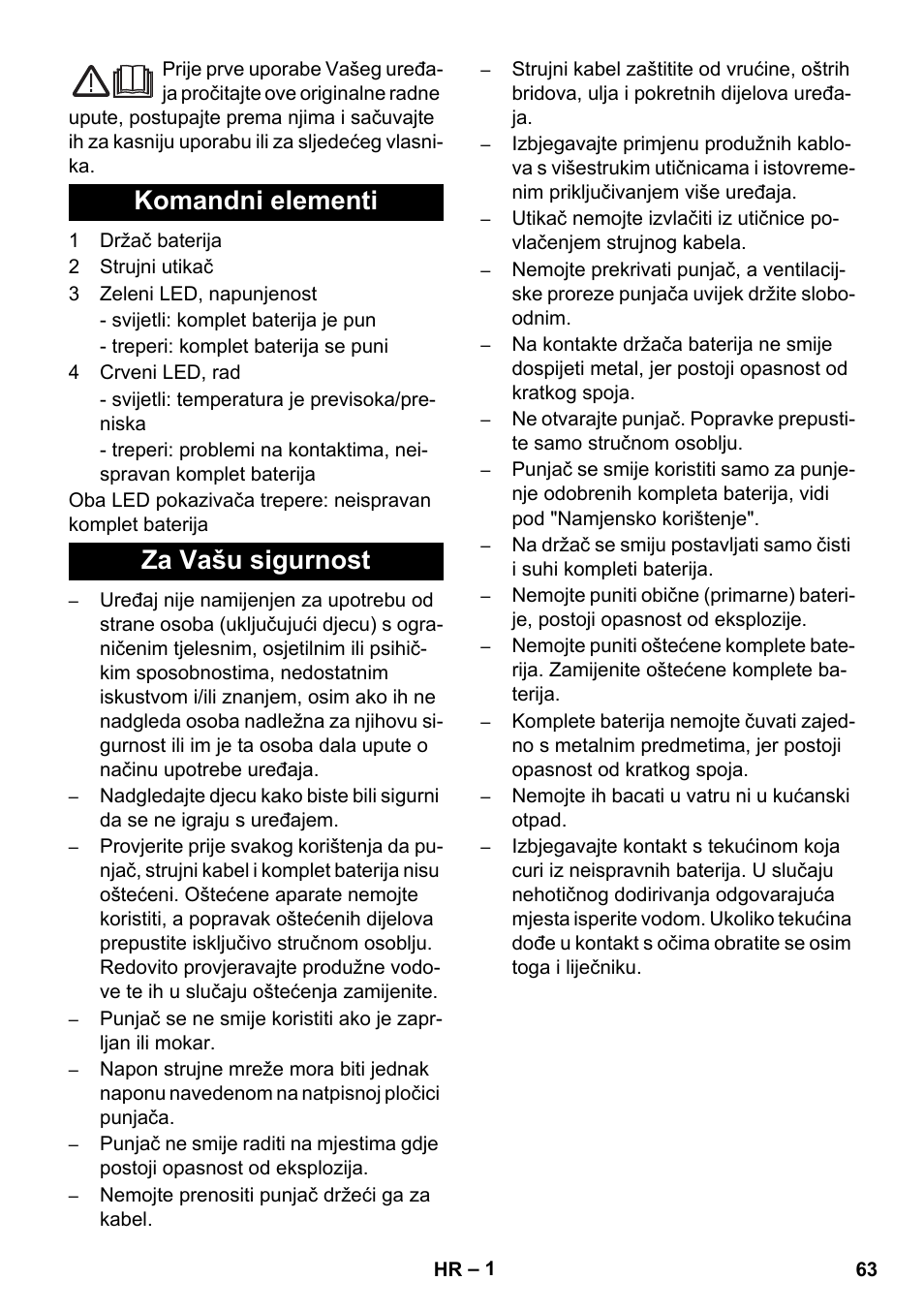 Hrvatski, Komandni elementi za vašu sigurnost | Karcher KM 35-5 C User Manual | Page 63 / 84