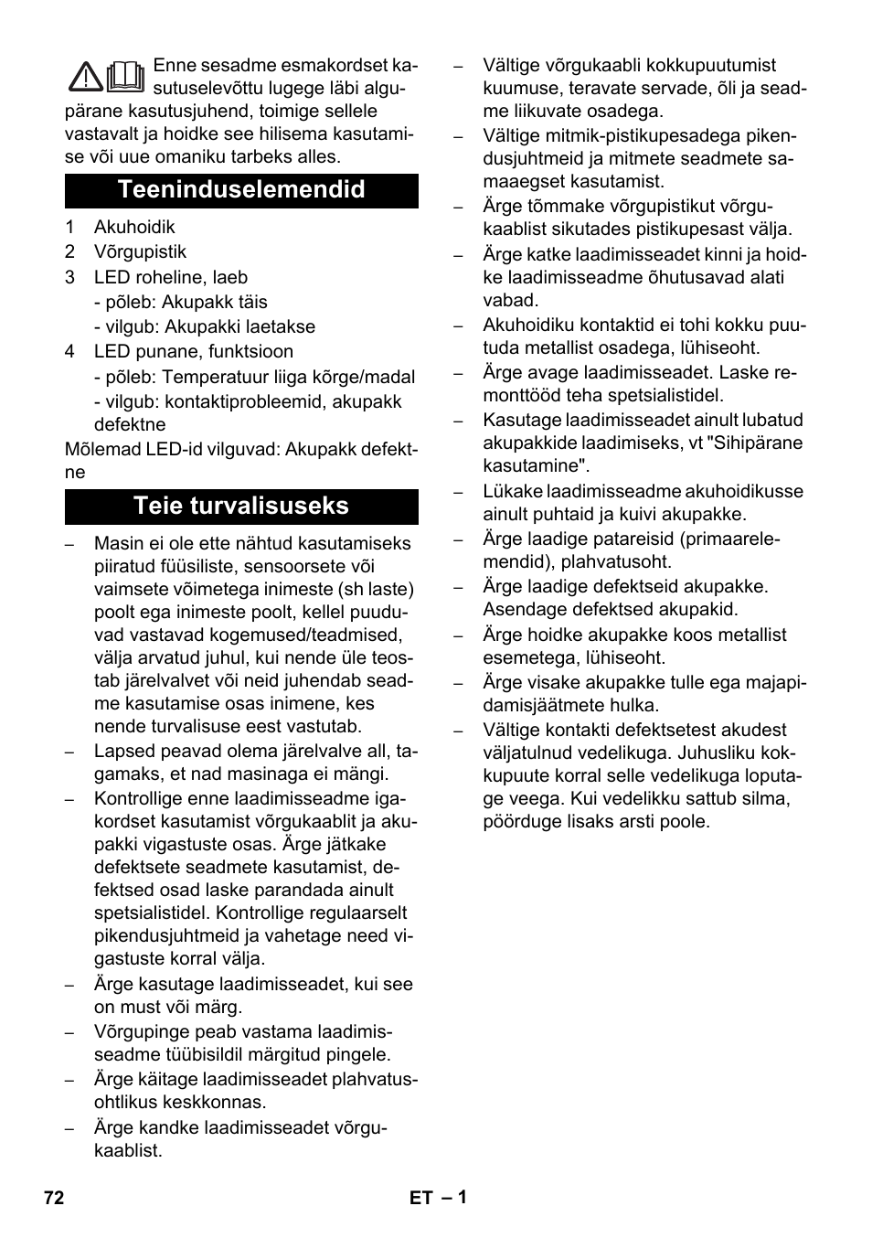 Eesti, Teeninduselemendid teie turvalisuseks | Karcher KM 35-5 C User Manual | Page 72 / 84
