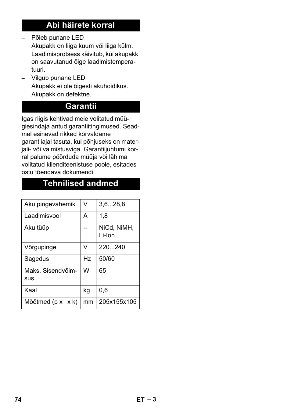 Abi häirete korral garantii tehnilised andmed | Karcher KM 35-5 C User Manual | Page 74 / 84