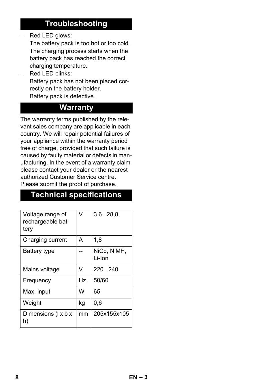 Troubleshooting warranty technical specifications | Karcher KM 35-5 C User Manual | Page 8 / 84