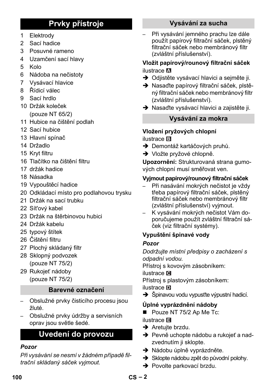 Prvky přístroje, Uvedení do provozu | Karcher NT 65-2 Ap EU User Manual | Page 100 / 180