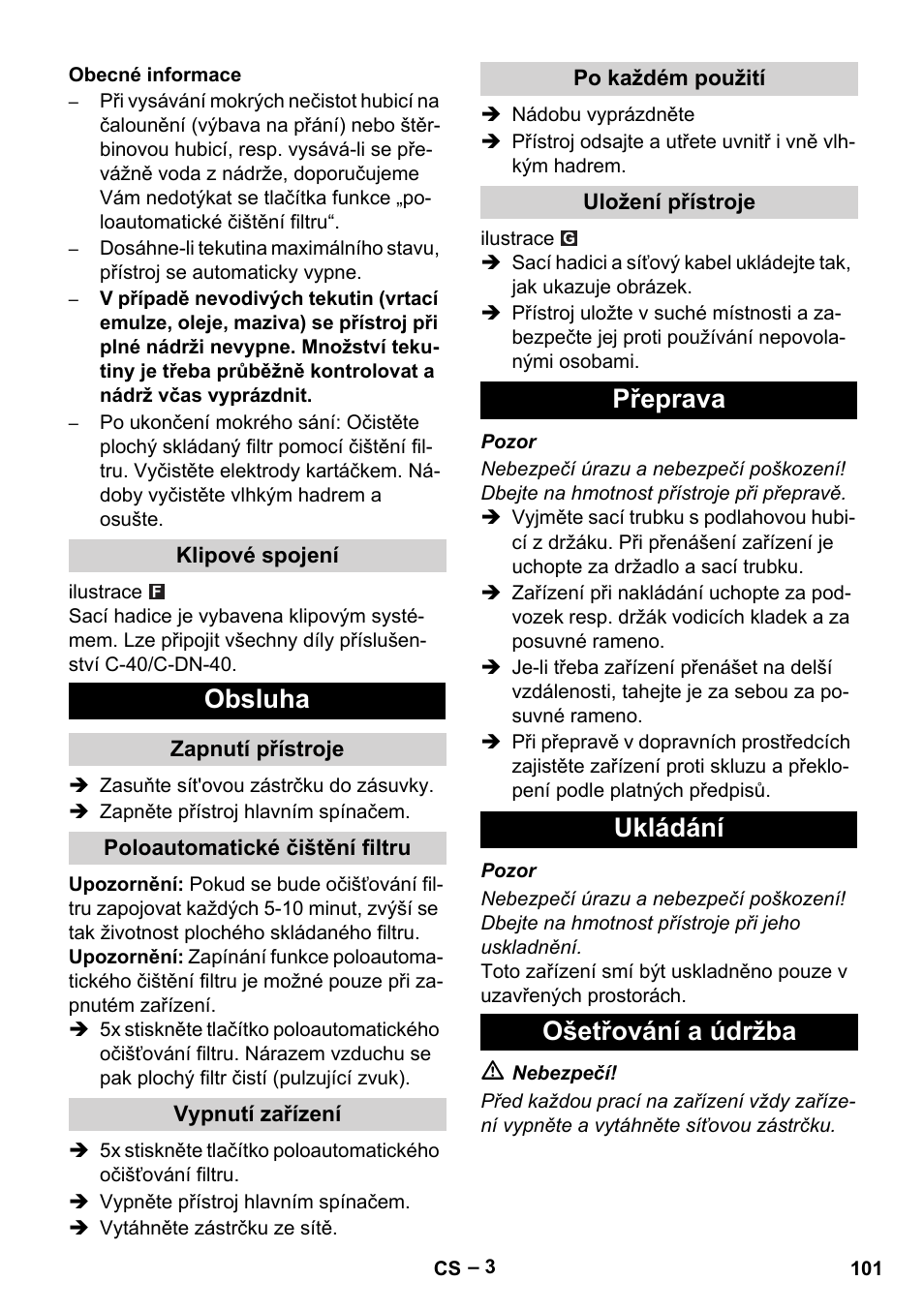 Obsluha, Přeprava ukládání ošetřování a údržba | Karcher NT 65-2 Ap EU User Manual | Page 101 / 180