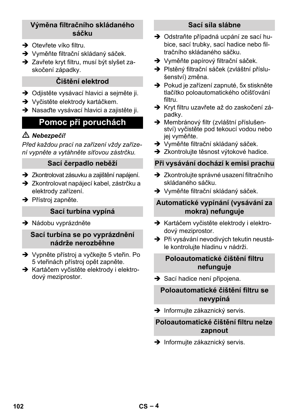 Pomoc při poruchách | Karcher NT 65-2 Ap EU User Manual | Page 102 / 180