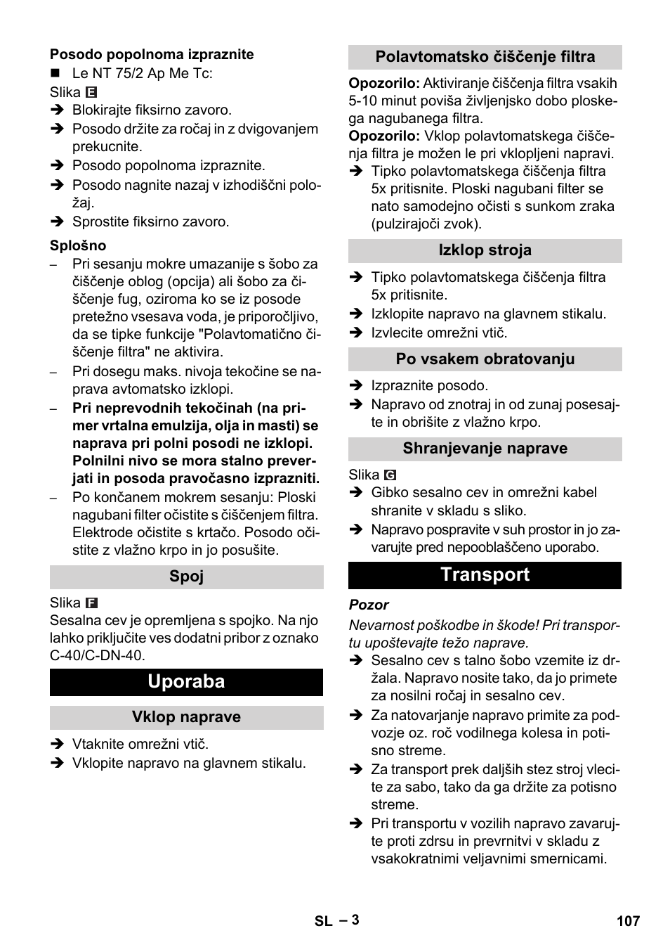 Uporaba, Transport | Karcher NT 65-2 Ap EU User Manual | Page 107 / 180