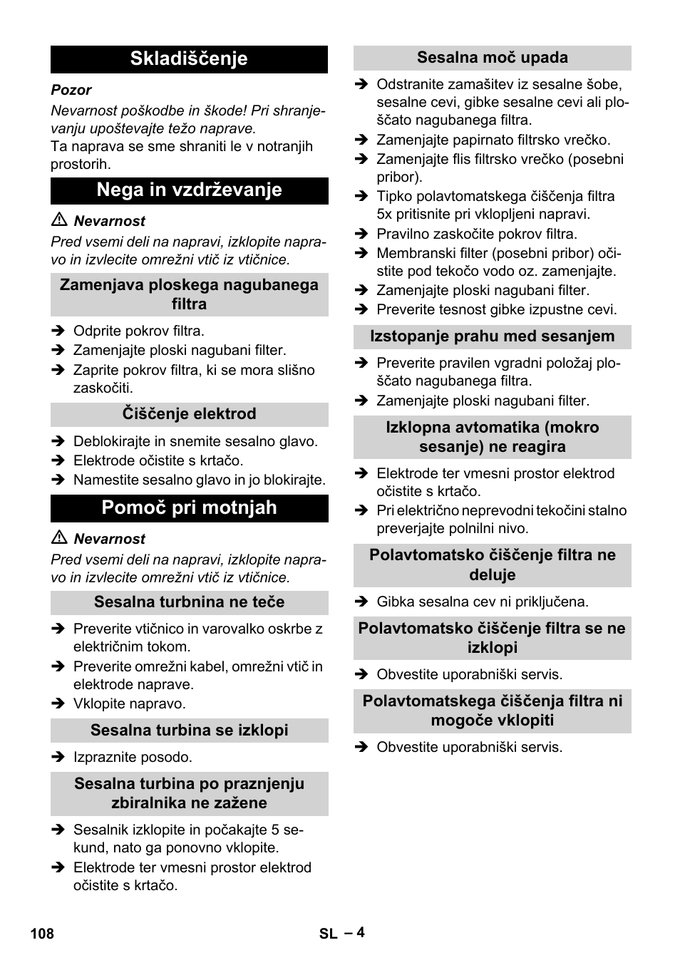 Skladiščenje nega in vzdrževanje, Pomoč pri motnjah | Karcher NT 65-2 Ap EU User Manual | Page 108 / 180