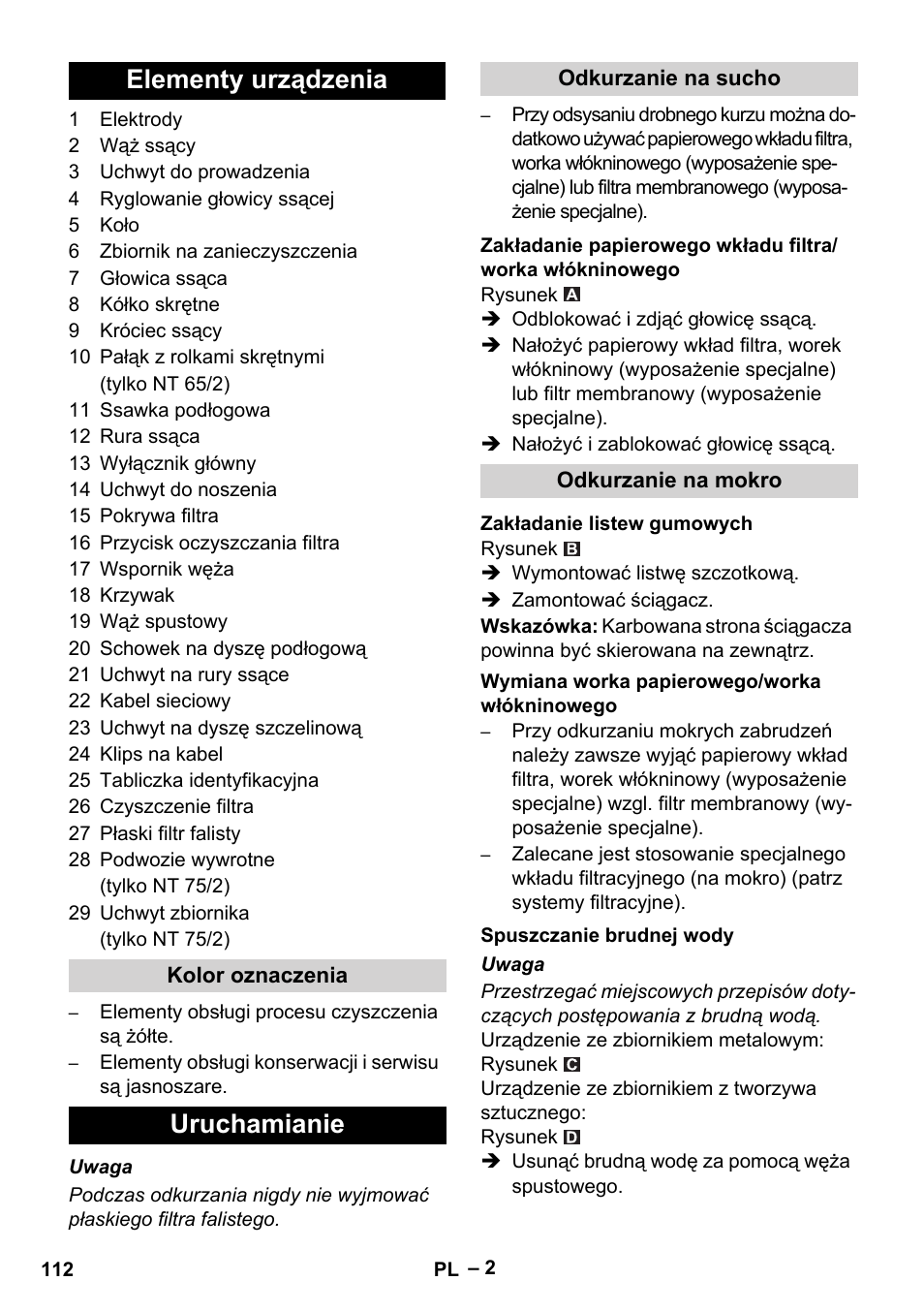 Elementy urządzenia, Uruchamianie | Karcher NT 65-2 Ap EU User Manual | Page 112 / 180