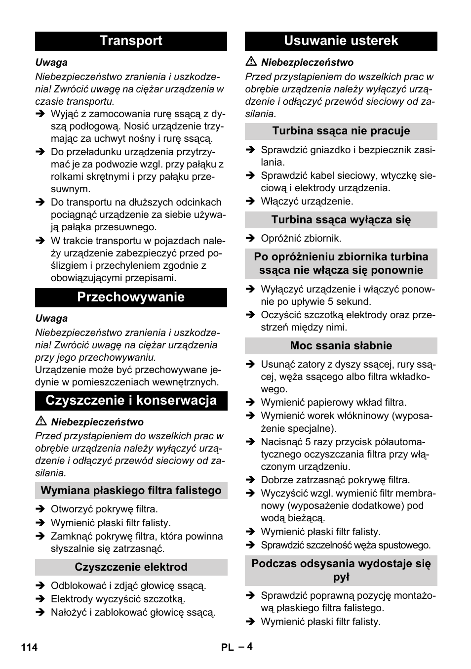 Transport przechowywanie czyszczenie i konserwacja, Usuwanie usterek | Karcher NT 65-2 Ap EU User Manual | Page 114 / 180