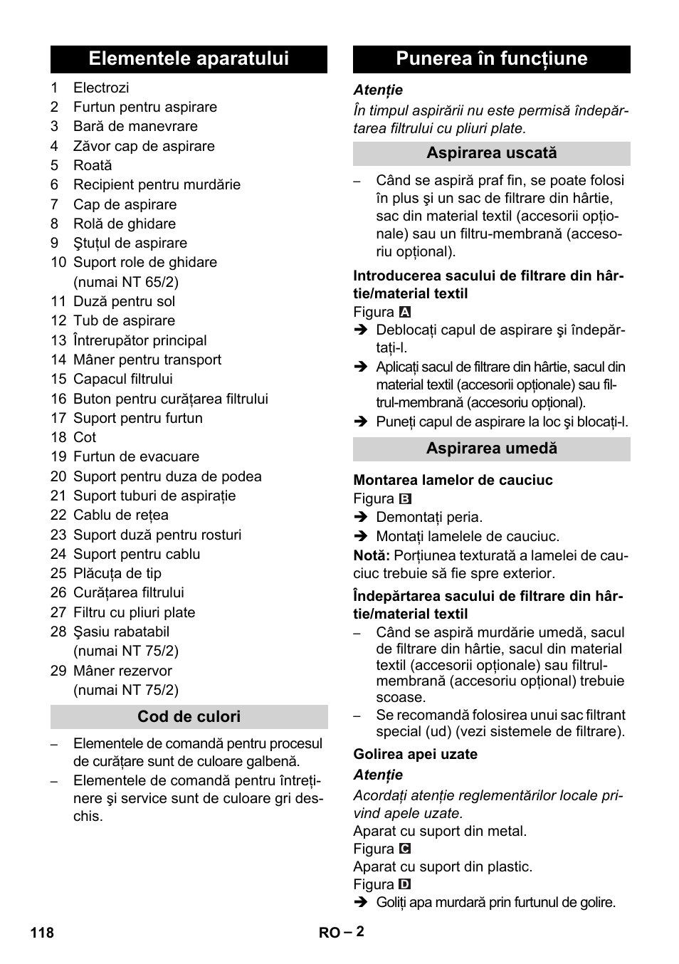 Elementele aparatului, Punerea în funcţiune | Karcher NT 65-2 Ap EU User Manual | Page 118 / 180