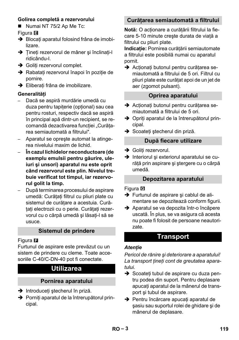 Utilizarea, Transport | Karcher NT 65-2 Ap EU User Manual | Page 119 / 180