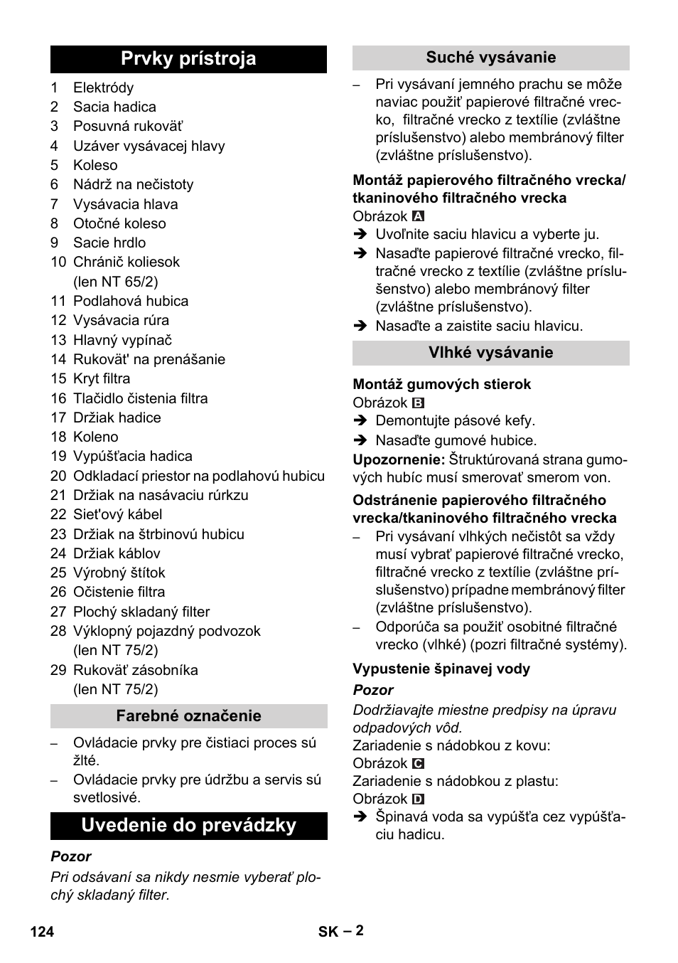 Prvky prístroja, Uvedenie do prevádzky | Karcher NT 65-2 Ap EU User Manual | Page 124 / 180