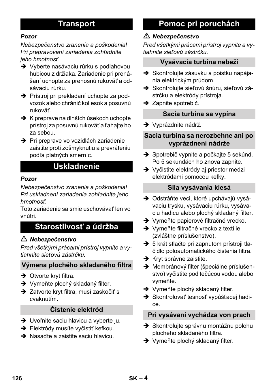 Transport uskladnenie starostlivosť a údržba, Pomoc pri poruchách | Karcher NT 65-2 Ap EU User Manual | Page 126 / 180