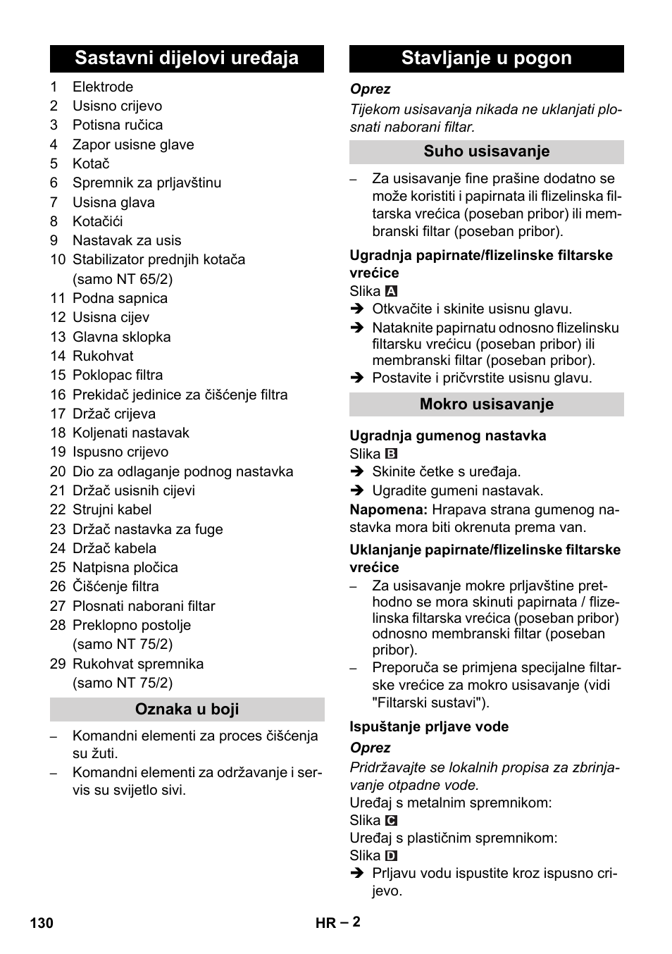 Sastavni dijelovi uređaja, Stavljanje u pogon | Karcher NT 65-2 Ap EU User Manual | Page 130 / 180
