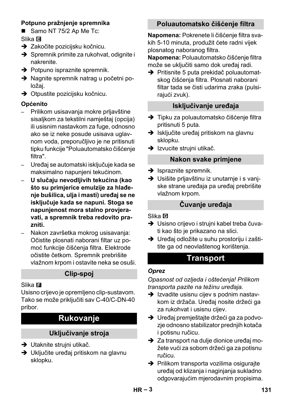 Rukovanje, Transport | Karcher NT 65-2 Ap EU User Manual | Page 131 / 180