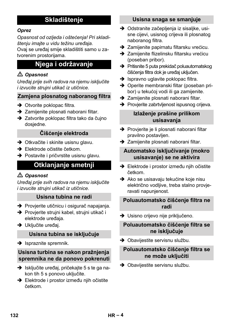 Skladištenje njega i održavanje, Otklanjanje smetnji | Karcher NT 65-2 Ap EU User Manual | Page 132 / 180