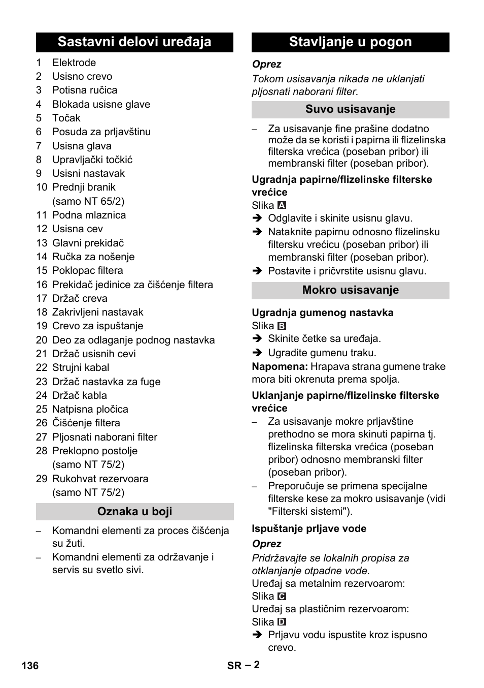 Sastavni delovi uređaja, Stavljanje u pogon | Karcher NT 65-2 Ap EU User Manual | Page 136 / 180