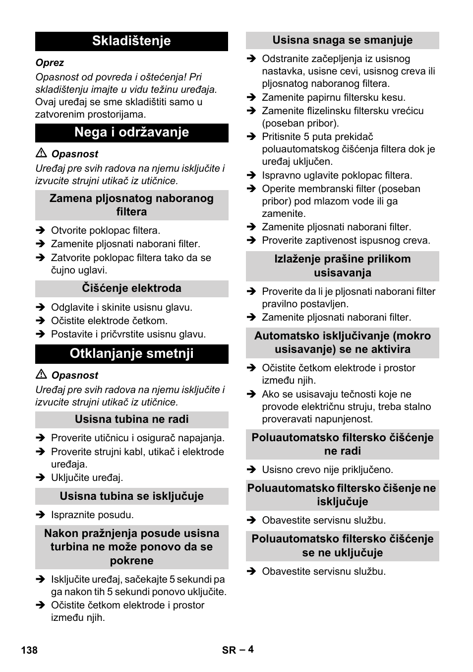 Skladištenje nega i održavanje, Otklanjanje smetnji | Karcher NT 65-2 Ap EU User Manual | Page 138 / 180