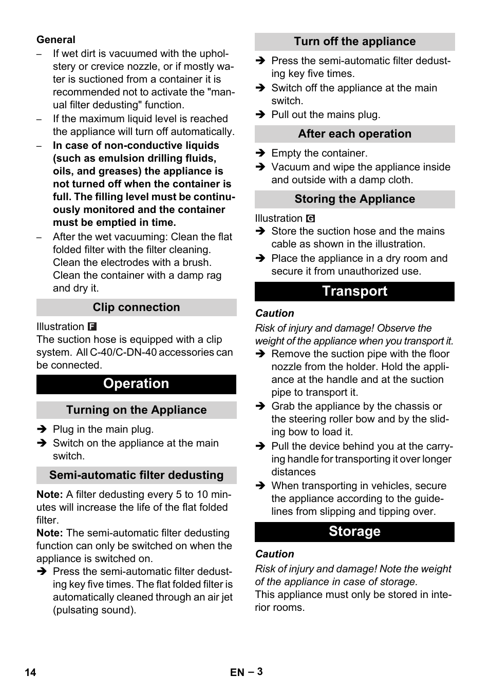 Operation, Transport storage | Karcher NT 65-2 Ap EU User Manual | Page 14 / 180