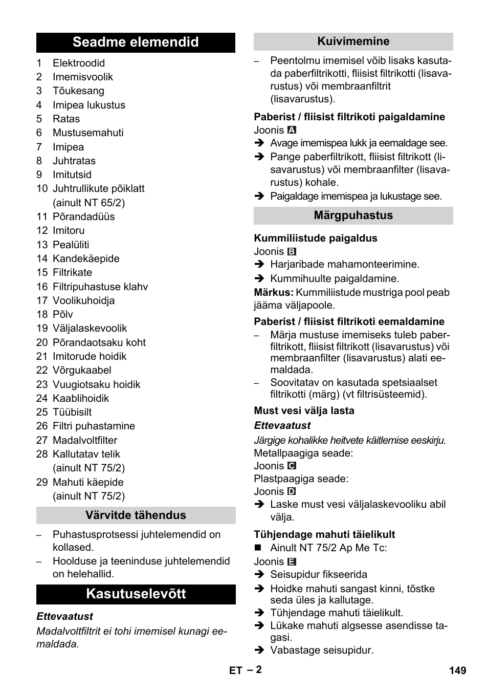 Seadme elemendid, Kasutuselevõtt | Karcher NT 65-2 Ap EU User Manual | Page 149 / 180