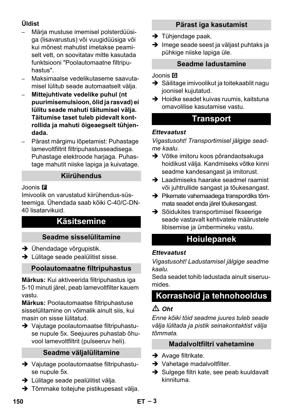 Käsitsemine, Transport hoiulepanek korrashoid ja tehnohooldus | Karcher NT 65-2 Ap EU User Manual | Page 150 / 180