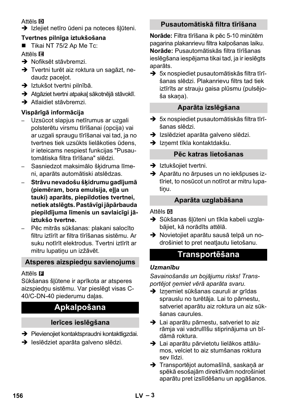 Apkalpošana, Transportēšana | Karcher NT 65-2 Ap EU User Manual | Page 156 / 180
