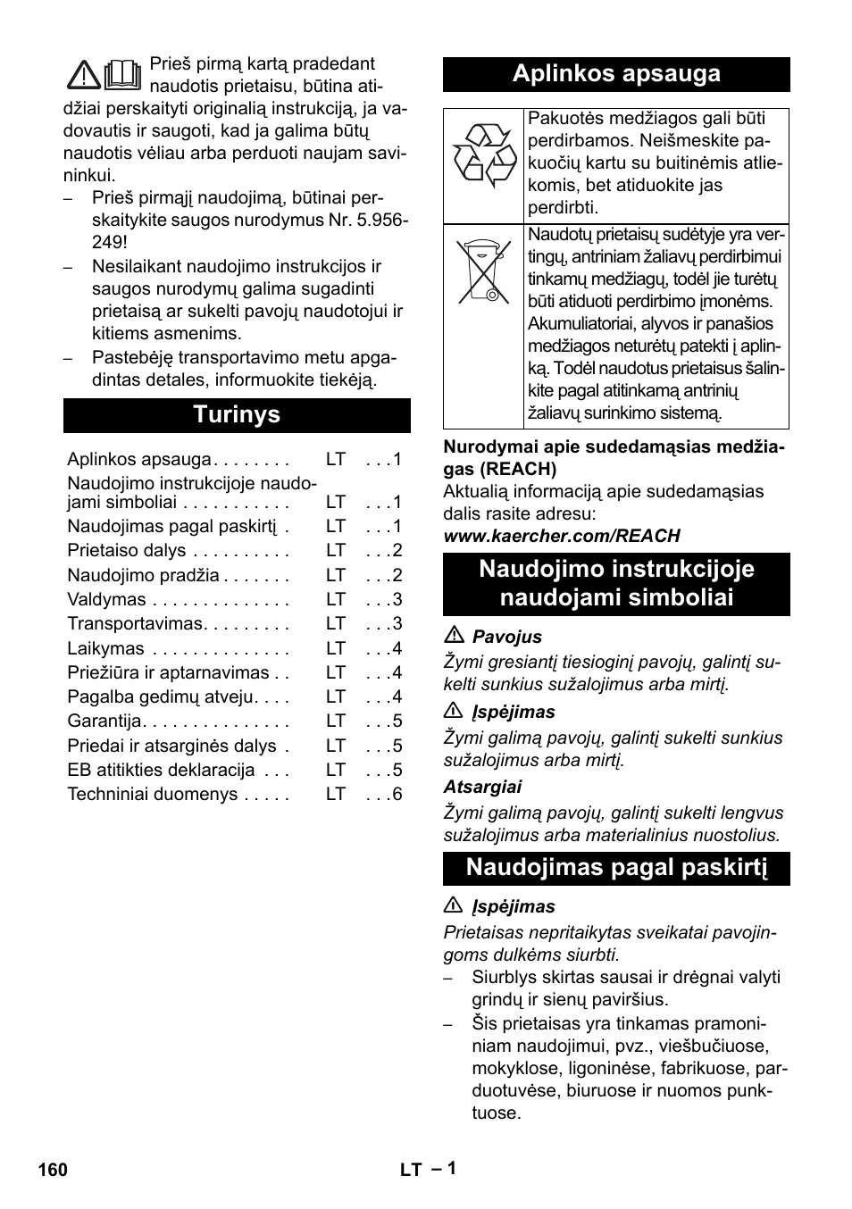 Lietuviškai, Turinys, Aplinkos apsauga | Karcher NT 65-2 Ap EU User Manual | Page 160 / 180