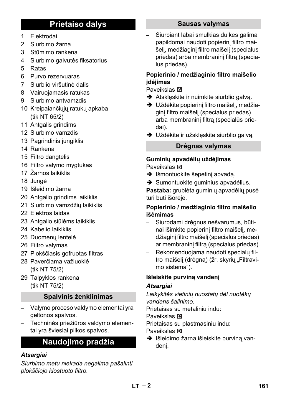 Prietaiso dalys, Naudojimo pradžia | Karcher NT 65-2 Ap EU User Manual | Page 161 / 180