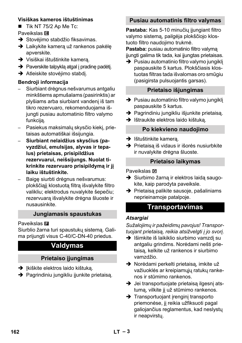 Valdymas, Transportavimas | Karcher NT 65-2 Ap EU User Manual | Page 162 / 180