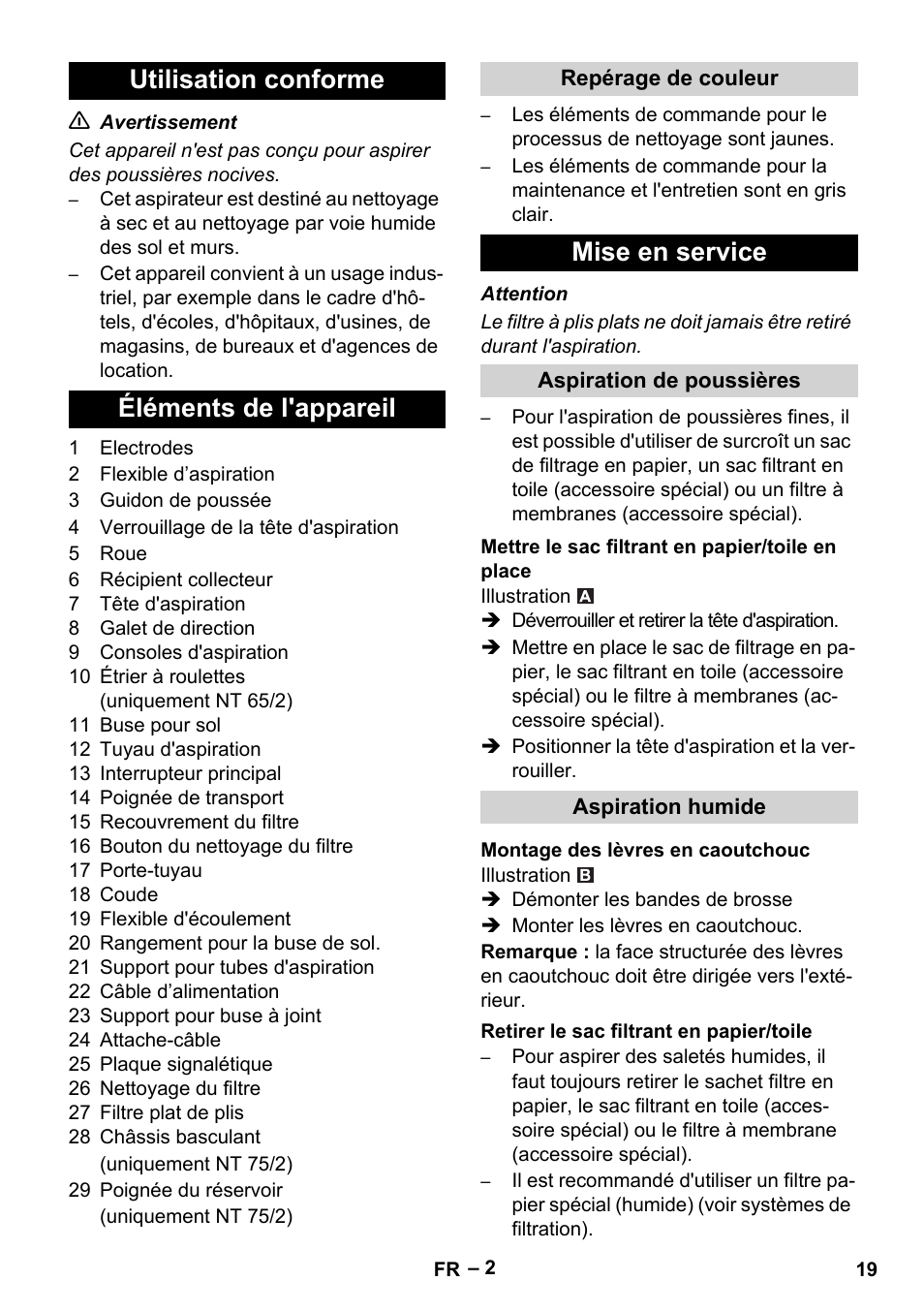 Utilisation conforme éléments de l'appareil, Mise en service | Karcher NT 65-2 Ap EU User Manual | Page 19 / 180