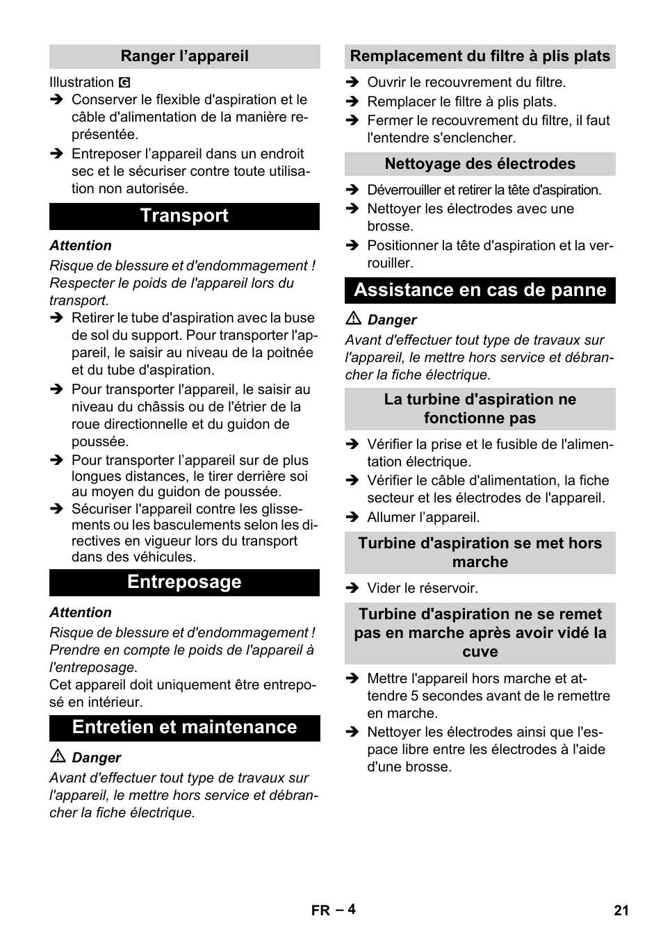 Transport entreposage entretien et maintenance, Assistance en cas de panne | Karcher NT 65-2 Ap EU User Manual | Page 21 / 180