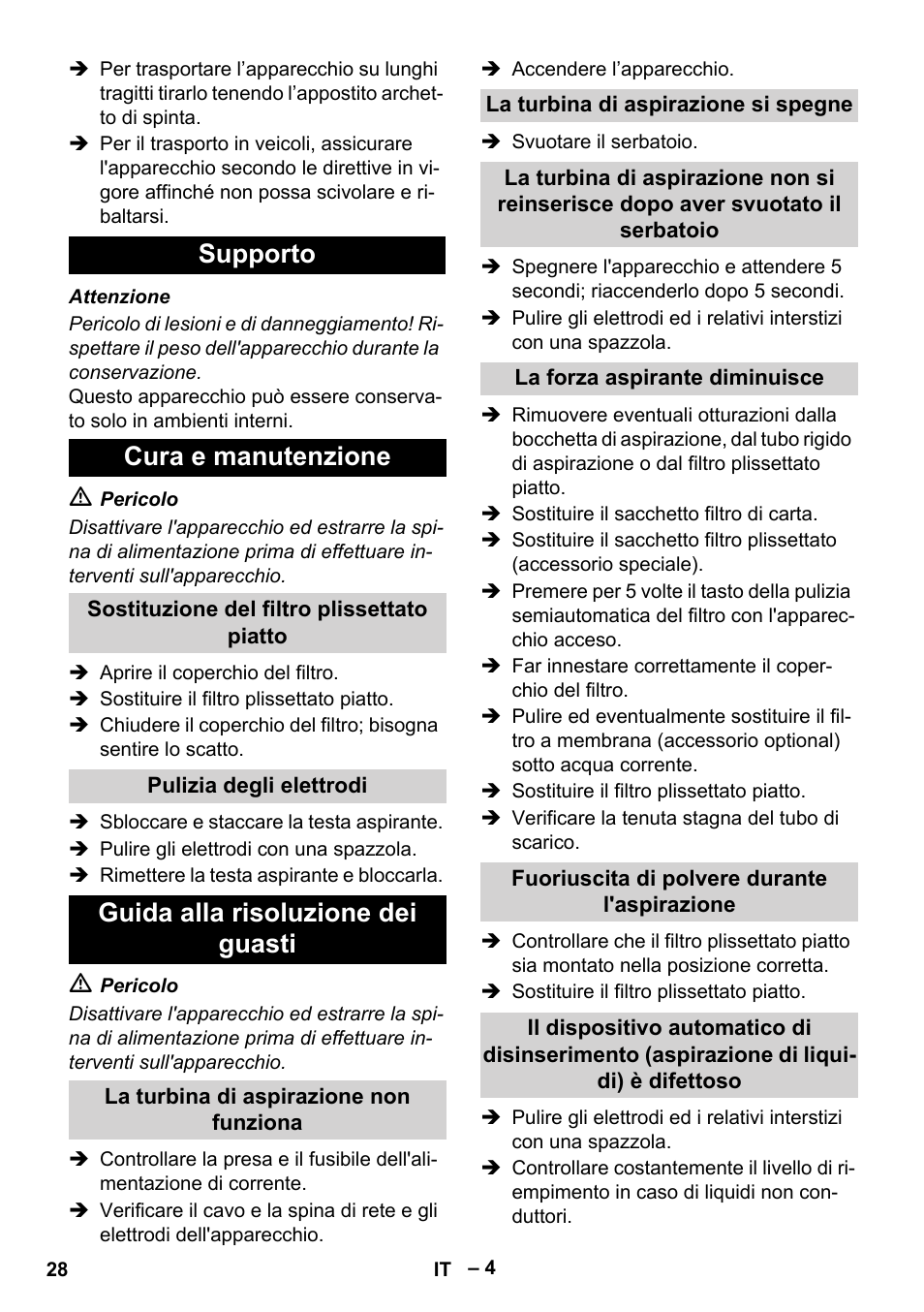 Supporto cura e manutenzione, Guida alla risoluzione dei guasti | Karcher NT 65-2 Ap EU User Manual | Page 28 / 180