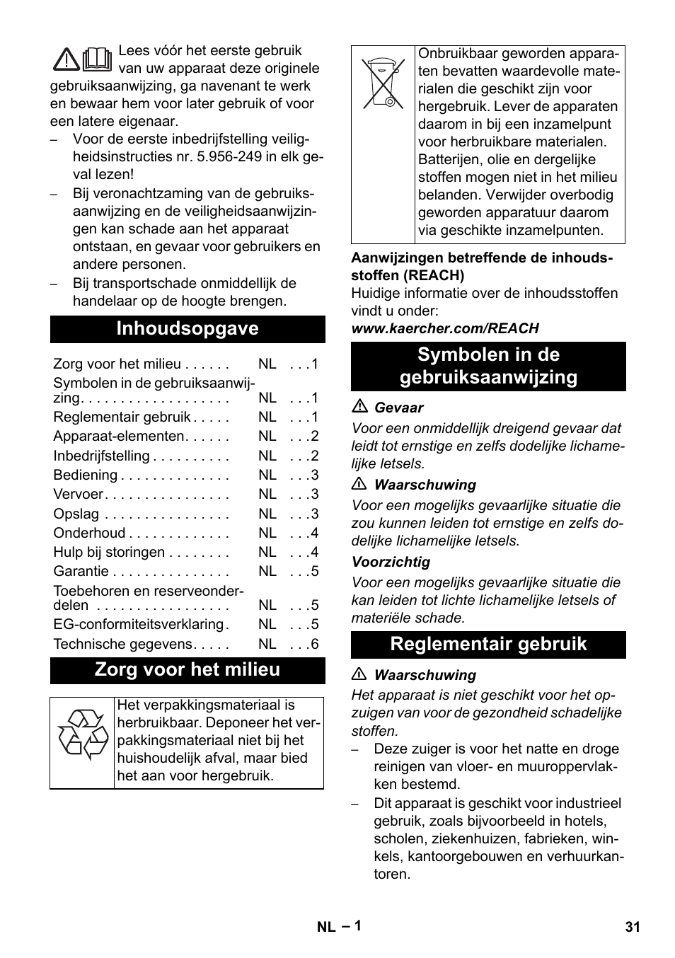 Nederlands, Inhoudsopgave, Zorg voor het milieu | Karcher NT 65-2 Ap EU User Manual | Page 31 / 180