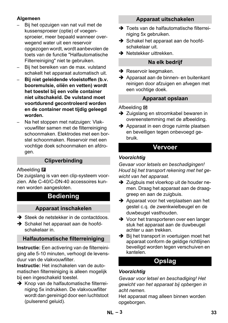 Bediening, Vervoer opslag | Karcher NT 65-2 Ap EU User Manual | Page 33 / 180