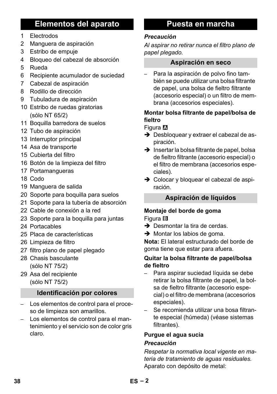 Elementos del aparato, Puesta en marcha | Karcher NT 65-2 Ap EU User Manual | Page 38 / 180