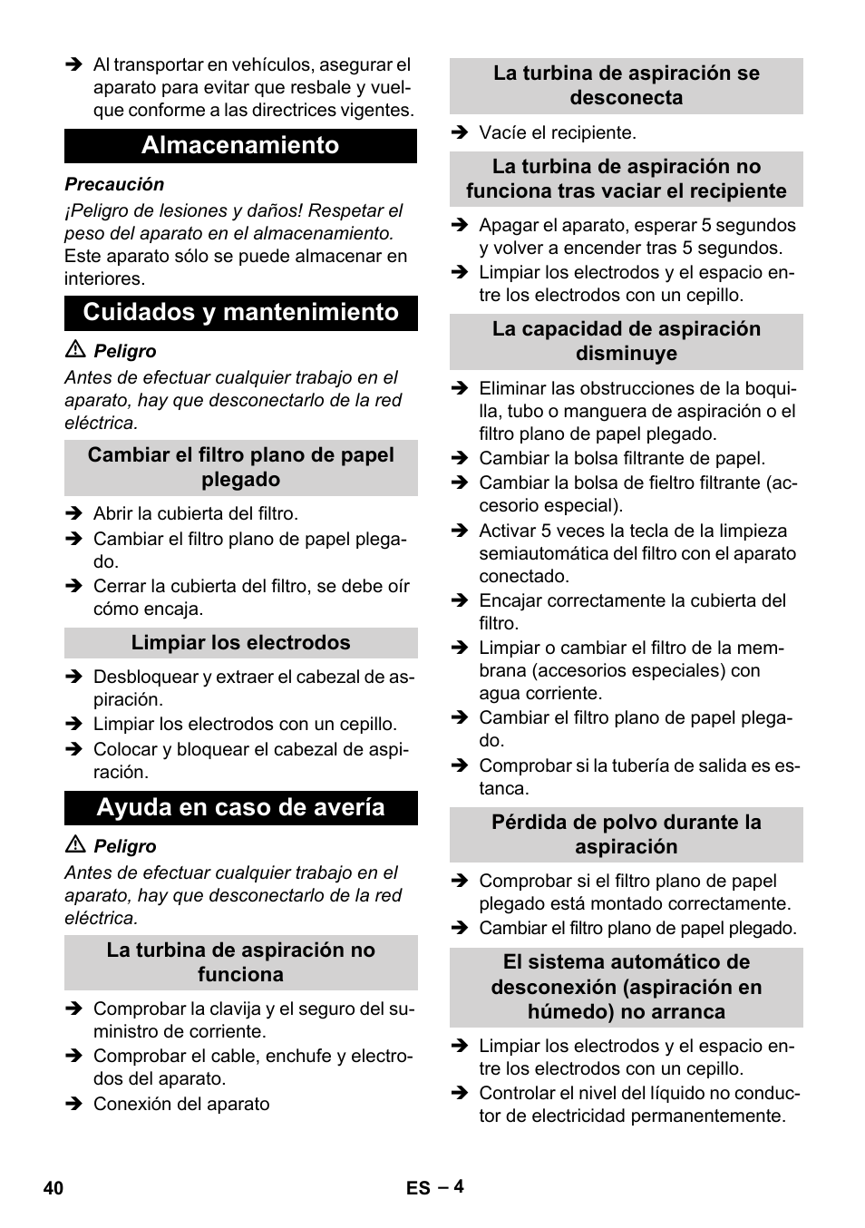 Almacenamiento cuidados y mantenimiento, Ayuda en caso de avería | Karcher NT 65-2 Ap EU User Manual | Page 40 / 180