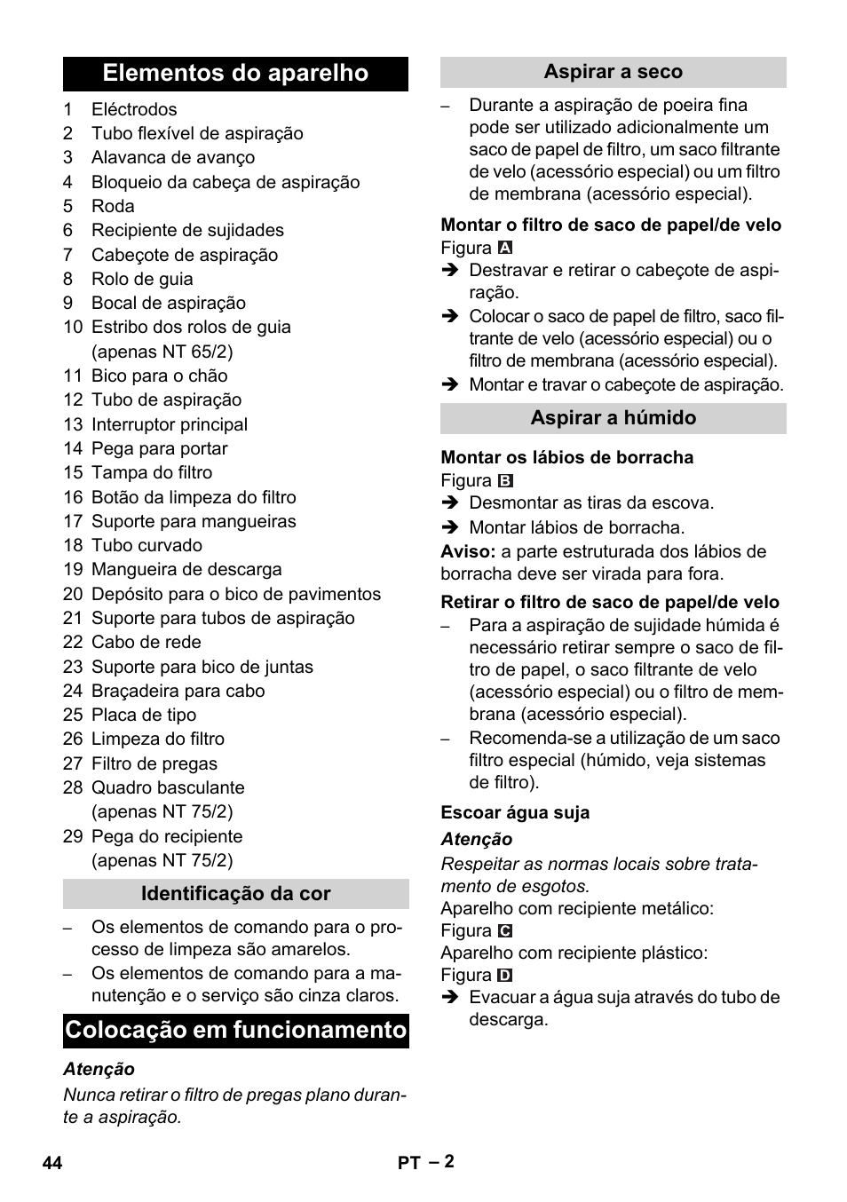 Elementos do aparelho, Colocação em funcionamento | Karcher NT 65-2 Ap EU User Manual | Page 44 / 180