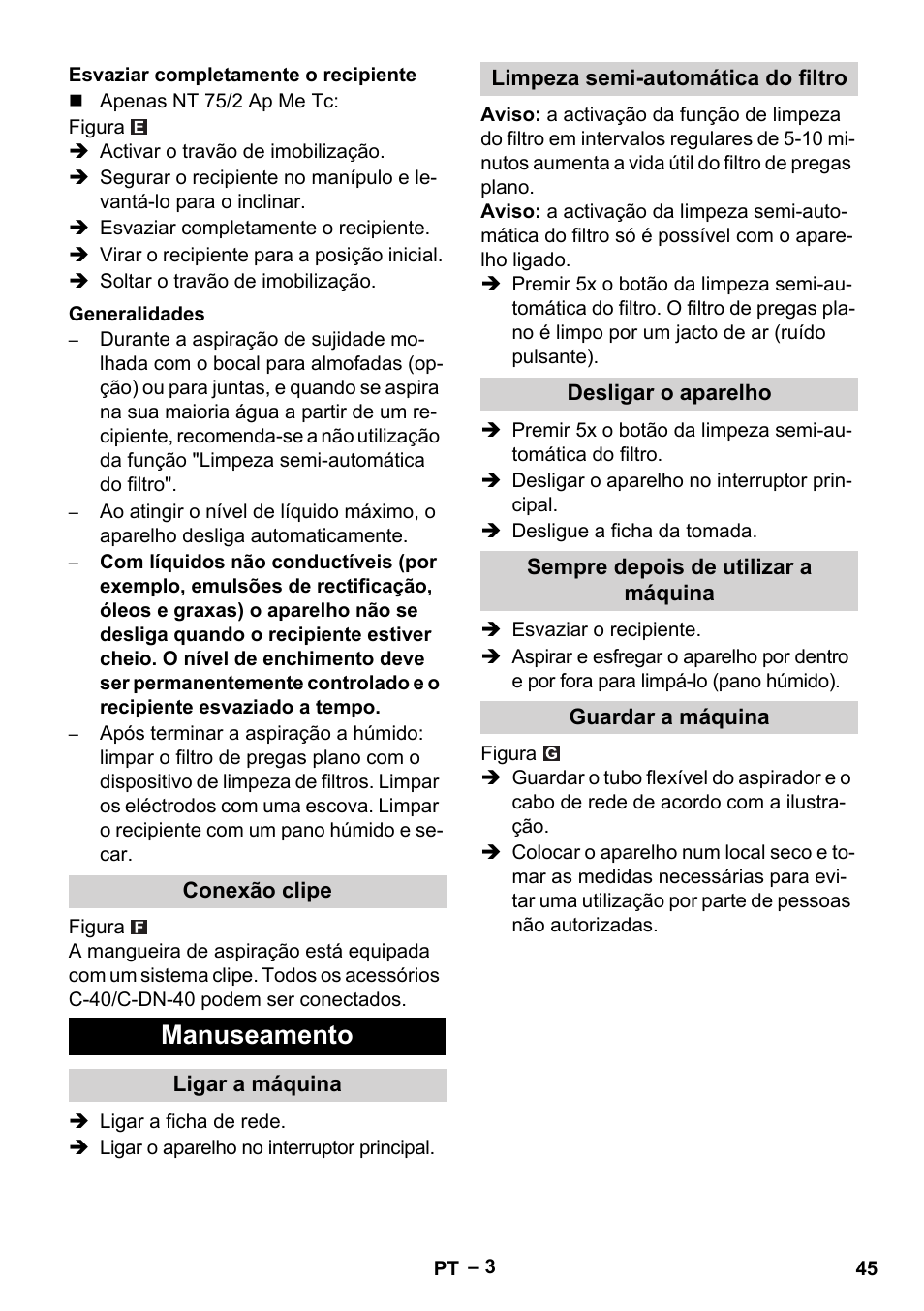 Manuseamento | Karcher NT 65-2 Ap EU User Manual | Page 45 / 180