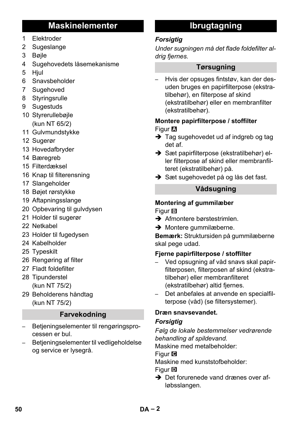 Maskinelementer, Ibrugtagning | Karcher NT 65-2 Ap EU User Manual | Page 50 / 180