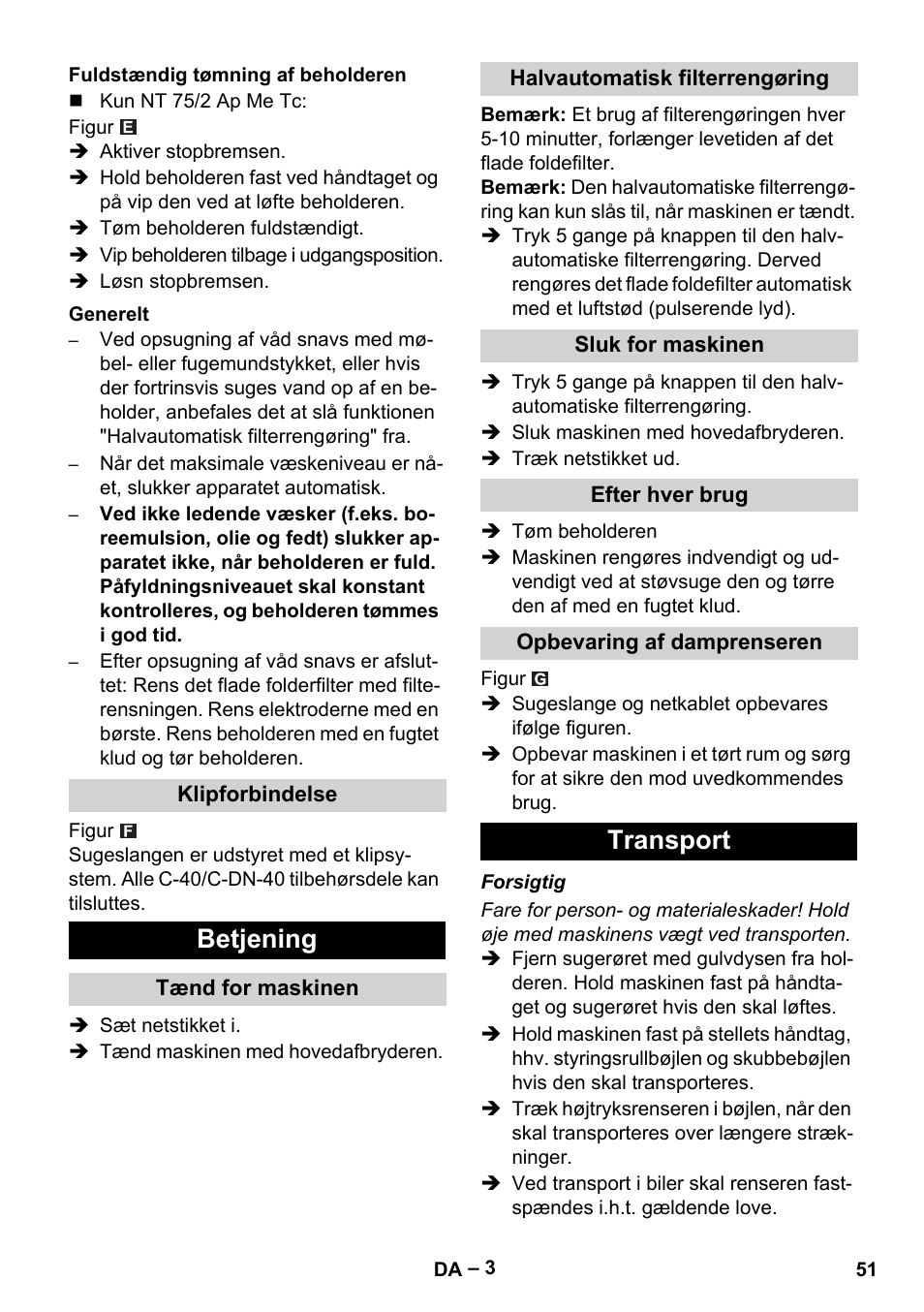 Betjening, Transport | Karcher NT 65-2 Ap EU User Manual | Page 51 / 180