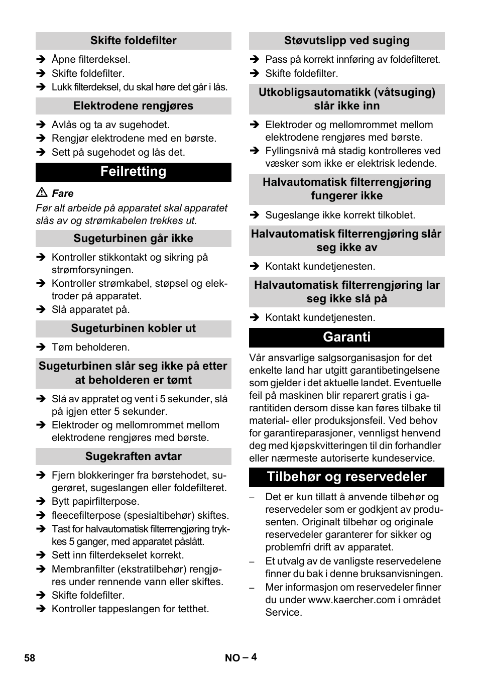 Feilretting, Garanti tilbehør og reservedeler | Karcher NT 65-2 Ap EU User Manual | Page 58 / 180