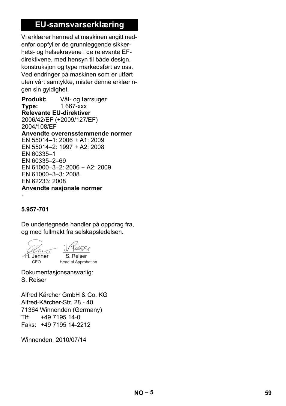 Eu-samsvarserklæring | Karcher NT 65-2 Ap EU User Manual | Page 59 / 180